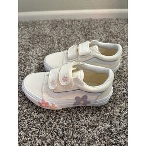 Vans Kids White Canvas Sneakers with Pink and Purple Flower Accents